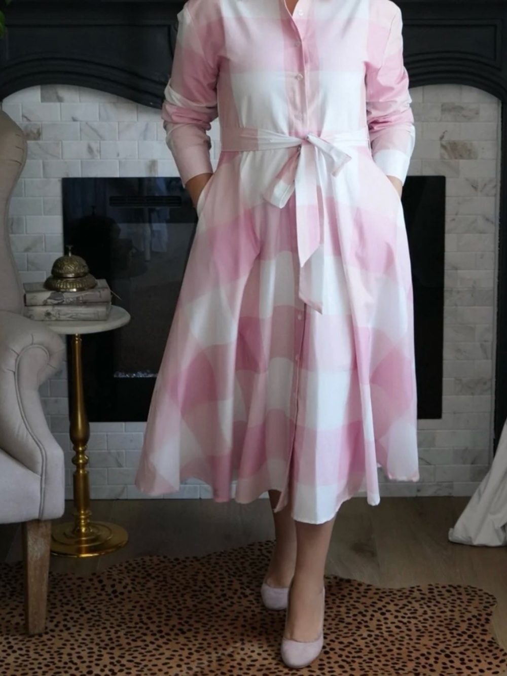 Pink and White Belted Midi Shirt Dress